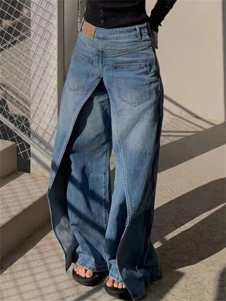 American Street Fake Two Piece Design Wide Leg Demin Pants for Women