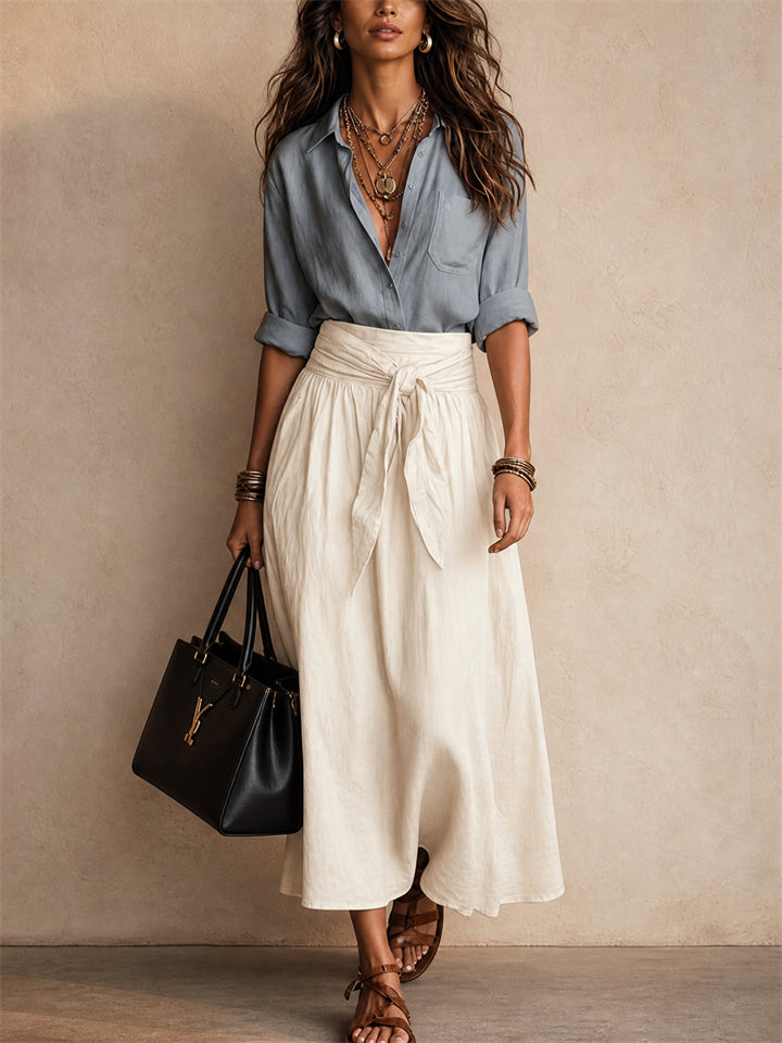 Women 2 Piece Contrast Color Button Down Shirt and High Waist Skirt Set