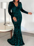 Women's V-neck Long Sleeve Floor Length Sequined Mermaid Dress