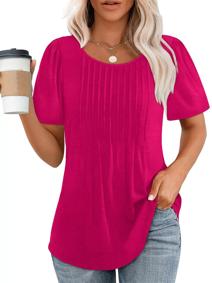 Women's Casual Solid Color Pleated Round Neck Short Sleeve Shirts