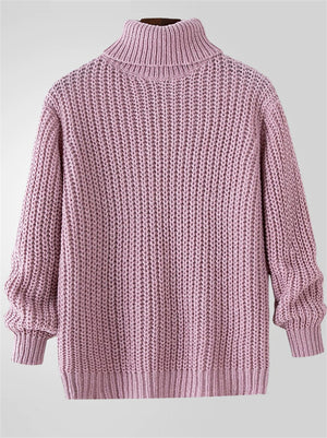 Male's Autumn Pink Pullover Turtleneck Chunky Knitted Sweaters