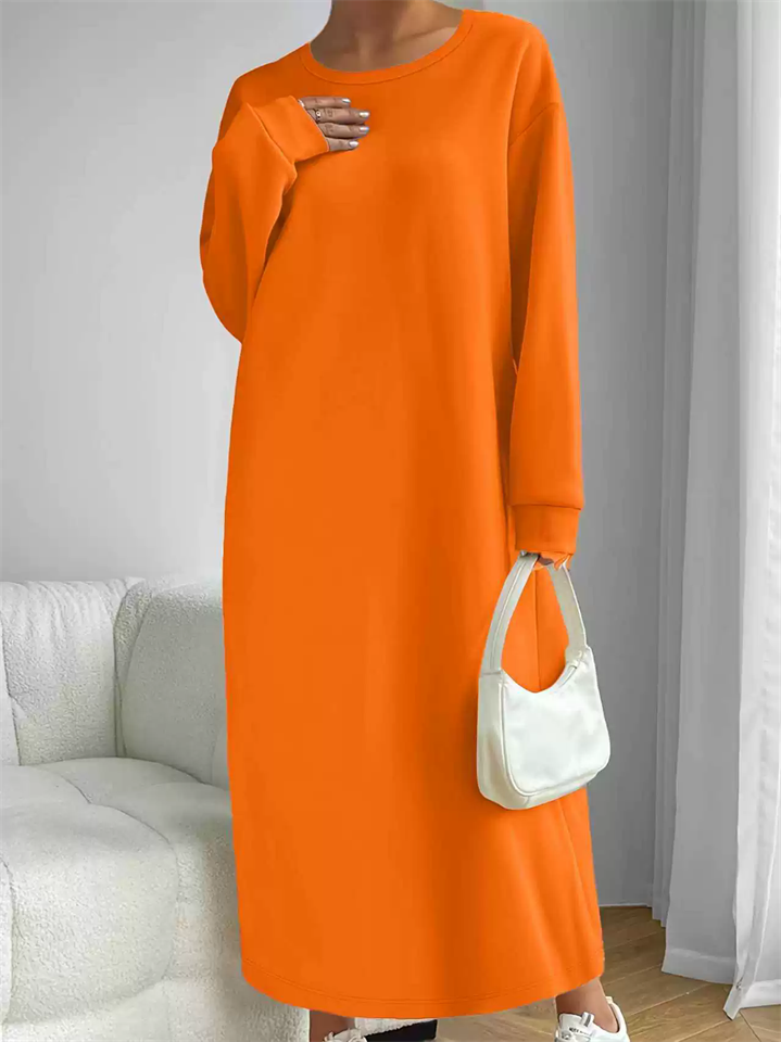 Women's Autumn Solid Color Simple Round Neck Long Sweatshirts Dress