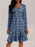 Women's Trendy Plaid Double-breasted Patchwork Ruffled Hem Dress