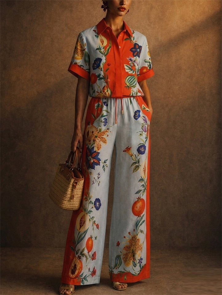 Women Color Block Resort Floral Print 2 Piece Shirt and Wide Leg Pants Set