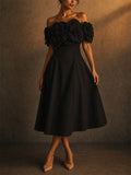 Women Trendy Off Shoulder 3D Floral Midi A Line Party Dress