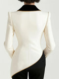 Ladies' Elegant Asymmetrical White Blazer with Black Contrast Color Collar