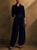 Women's 2 Piece Chic Coffee Velvet Hooded Top and Wide Leg Cuffed Pants Set