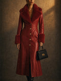 Women Vintage Faux Leather Maxi Trench Coat with Faux Fur Trim