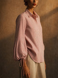 Women Red Striped Button Down Lantern Puff Sleeve Blouse