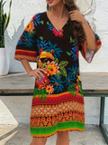 Women's Summer Ethnic Style Print Contrast Color V Neck Knee Length Dress