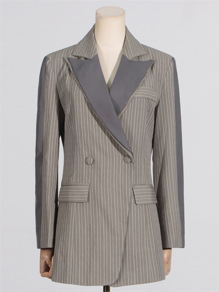 Women's Contrast Color Long Sleeve Stripe Double Breasted Suit Coat