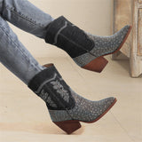 Female Pointed Toe Mid-calf Chunky Heel Rhinestone Cowboy Boots