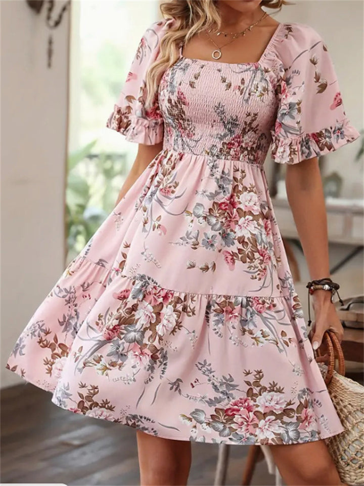 Women's Floral Smocked Square Neck Puff Sleeve Tiered Mini Dress