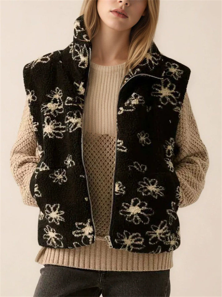 Women's Trendy Floral Pattern Zip Up Lapel Sleeveless Vest Coats