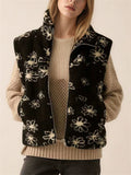 Women's Trendy Floral Pattern Zip Up Lapel Sleeveless Vest Coats