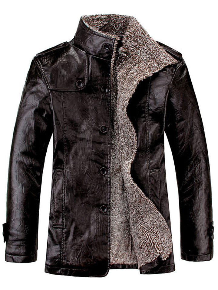 Men's Winter Plush Lined Single Breasted Faux Leather Jackets