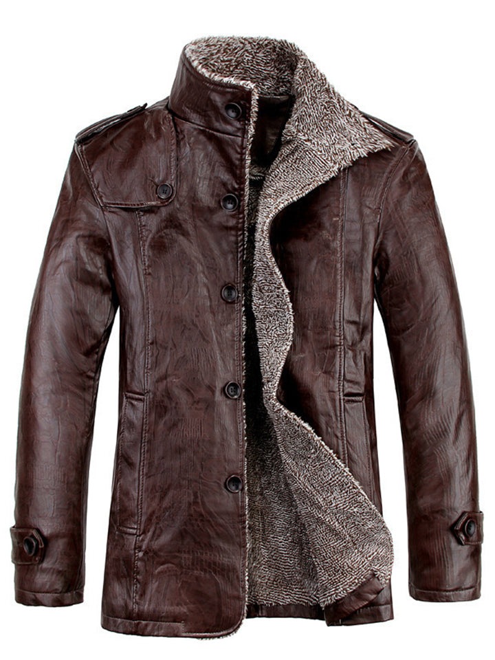 Men's Winter Plush Lined Single Breasted Faux Leather Jackets