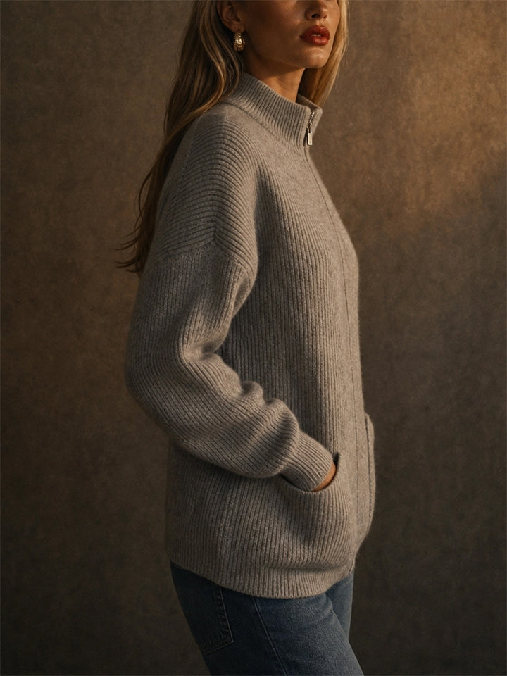 Women Full Zip Ribbed Knit Sweater Jacket with Pockets