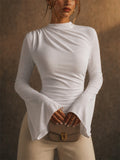 Womens Elegant Ruched Mock Neck Draped Flare Bell Sleeve Top