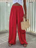 Women's Casual Solid Color Elastic Waist Pleated Drape Wide Leg Pants