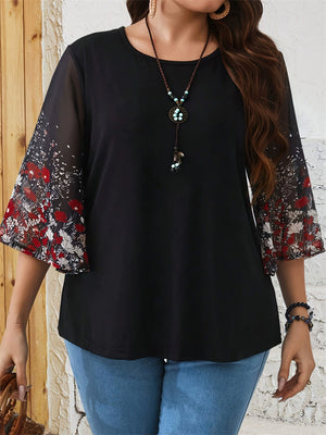 Plus Size Women's Summer Black Printed Round Neck Half Sleeve Shirt