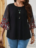 Plus Size Women's Summer Black Printed Round Neck Half Sleeve Shirt
