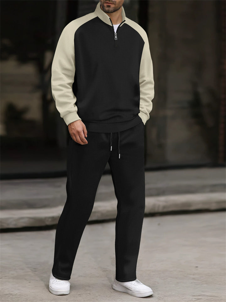 Men's Stand Collar Half-zipper Pullover Contrast Color Sweatshirts & Sweatpants Outfit