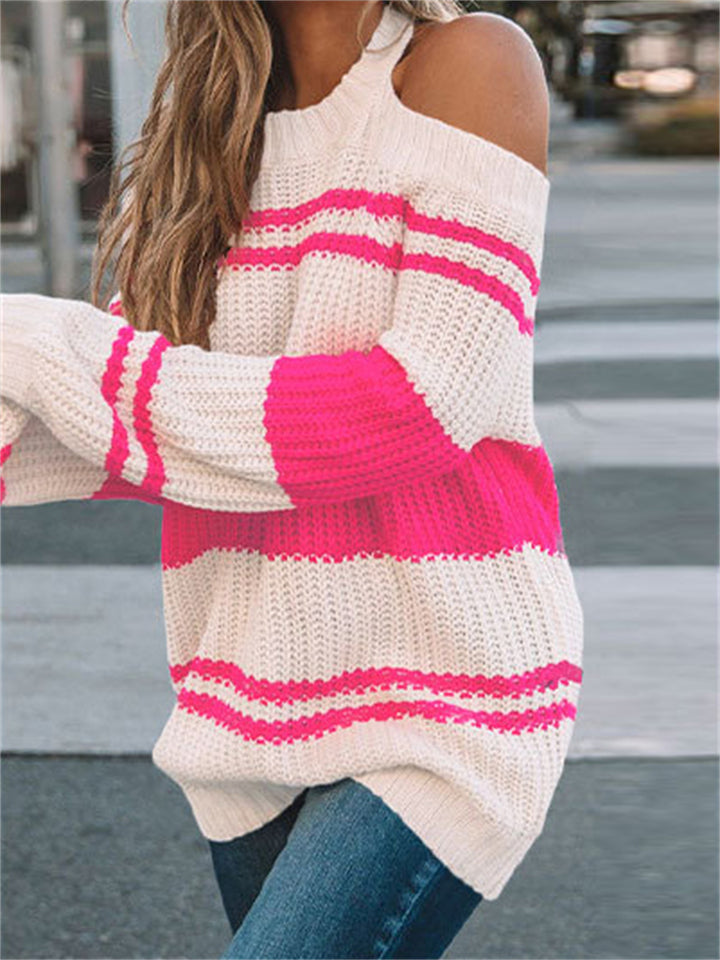 Women's Sexy Strapless Backless Striped Pullover Sweater