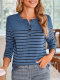 Women's Contrast Color Stripe Quarter Button Long Sleeve T-Shirt