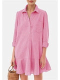 Women's Cotton Solid Color Pockets Long Sleeve Ruffled Hem Blouses