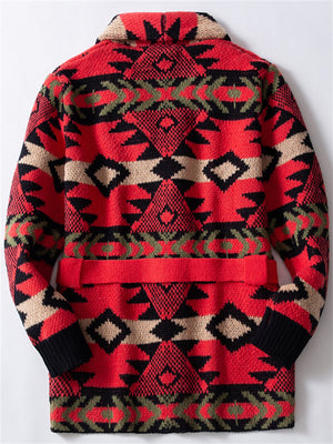 Men's Winter Red Heavy Industry Jacquard Long Sleeve Cardigan Sweaters