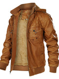 Winter Faux Leather Rhombic Pattern Zip Up Motorcycle Bomber Jacket with Hood