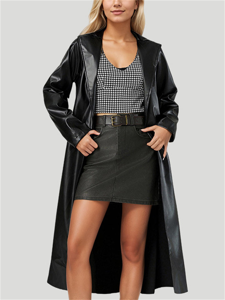Women's Black Faux Leather Lapel Belted Trench Coat