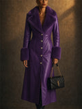 Women Vintage Faux Leather Maxi Trench Coat with Faux Fur Trim