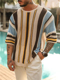 Men's Contrast Color Striped Crew Neck Half Sleeve Knitted Sweater
