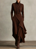 Women's Elegant Casual Long Sleeve High Neck Asymmetric Maxi Dress