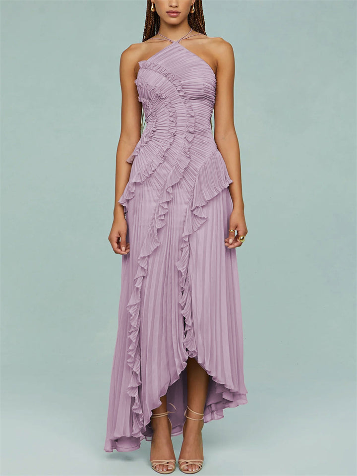 Women's Elegant Solid Color Ruffled Pleated Halter Evening Dress