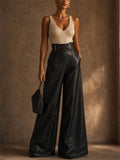 Women Faux Leather High Waist Wide Leg Belted Flared Pants