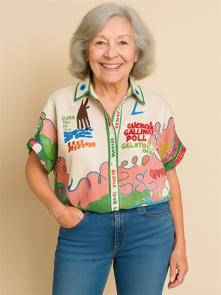 Women's Personalized Ggraffiti Printing Turn-down Collar Blouse