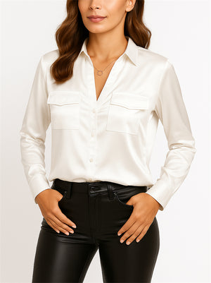 Ladies' White V Neck Button Up Pockets Long Sleeve Satin Blouses