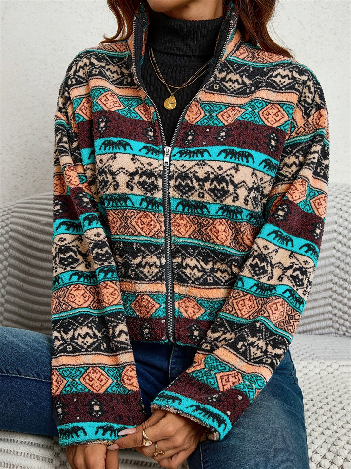 Women's Autumn Vintage Printed Zip Up Stand Collar Cardigan Coats