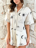 Women's 2pcs Casual Simple Print Button Up Short Sleeve Top & Pants Set