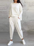 Women's 2Pcs Solid Color Sabrina Neck  Long Sleeve Top & Pockets Pants Set
