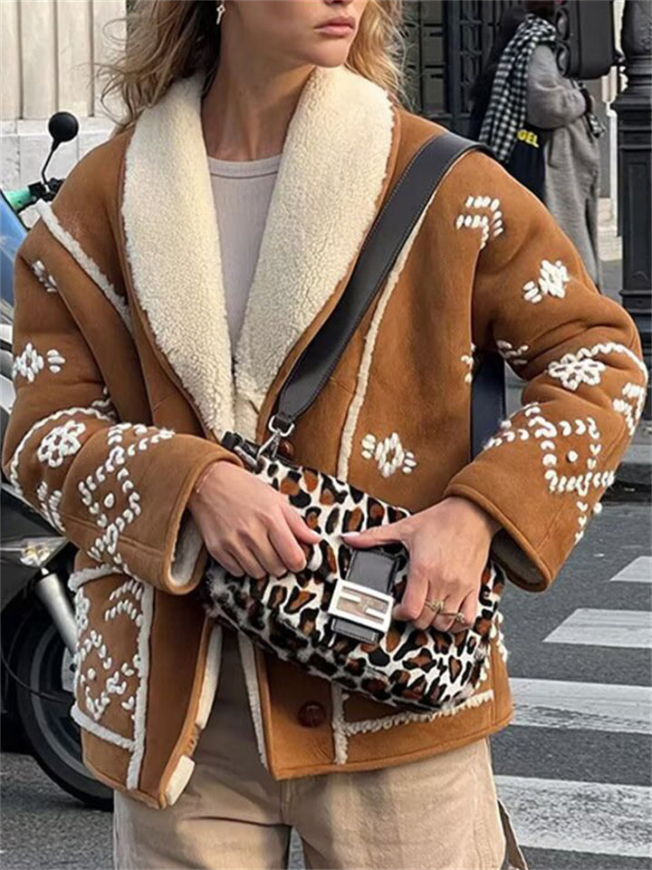 Women's Winter Contrast Color Print Lapel Pockets Coat