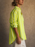 Women Oversized Lime Green Striped Button Down Long Shirt