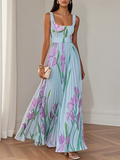‌Women's Summer Elegant Floral Print Pleated Square Neck Maxi Dress‌