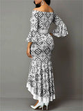 Women's Elegant Printed HIgh Waist Off-shoulder Asymmetric Hem Dress