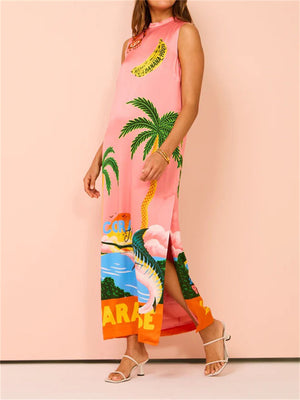 Women's Pink Side Split Sundress with Coconut Tree Letter Print