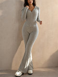 Women Ribbed Knit 2 Piece Set Zip Up Top Flare Pants Tracksuit
