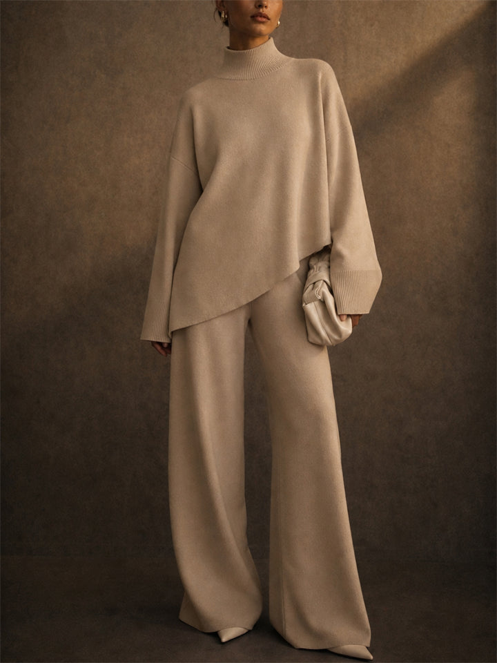 Women Knit Turtleneck Asymmetric Wide Leg Pants 2 Piece Set